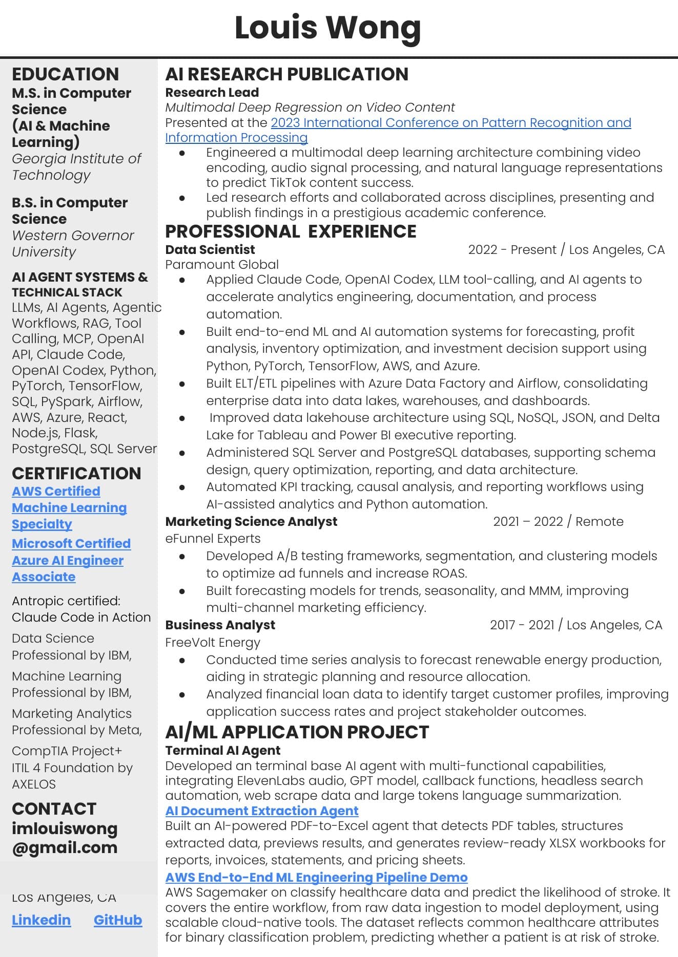 Preview of Louis Wong's one-page resume